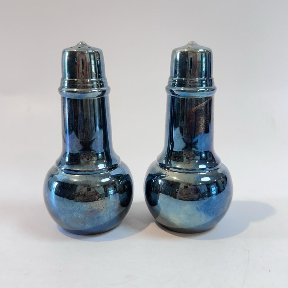 Vintage MCM Blue Lusterware Atomic Salt Pepper Shakers Iridescent Glaze‎